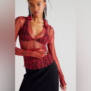 Free People rebel rose Sheer panel ruffle lettuce hem Blouse y2k 90s Medium